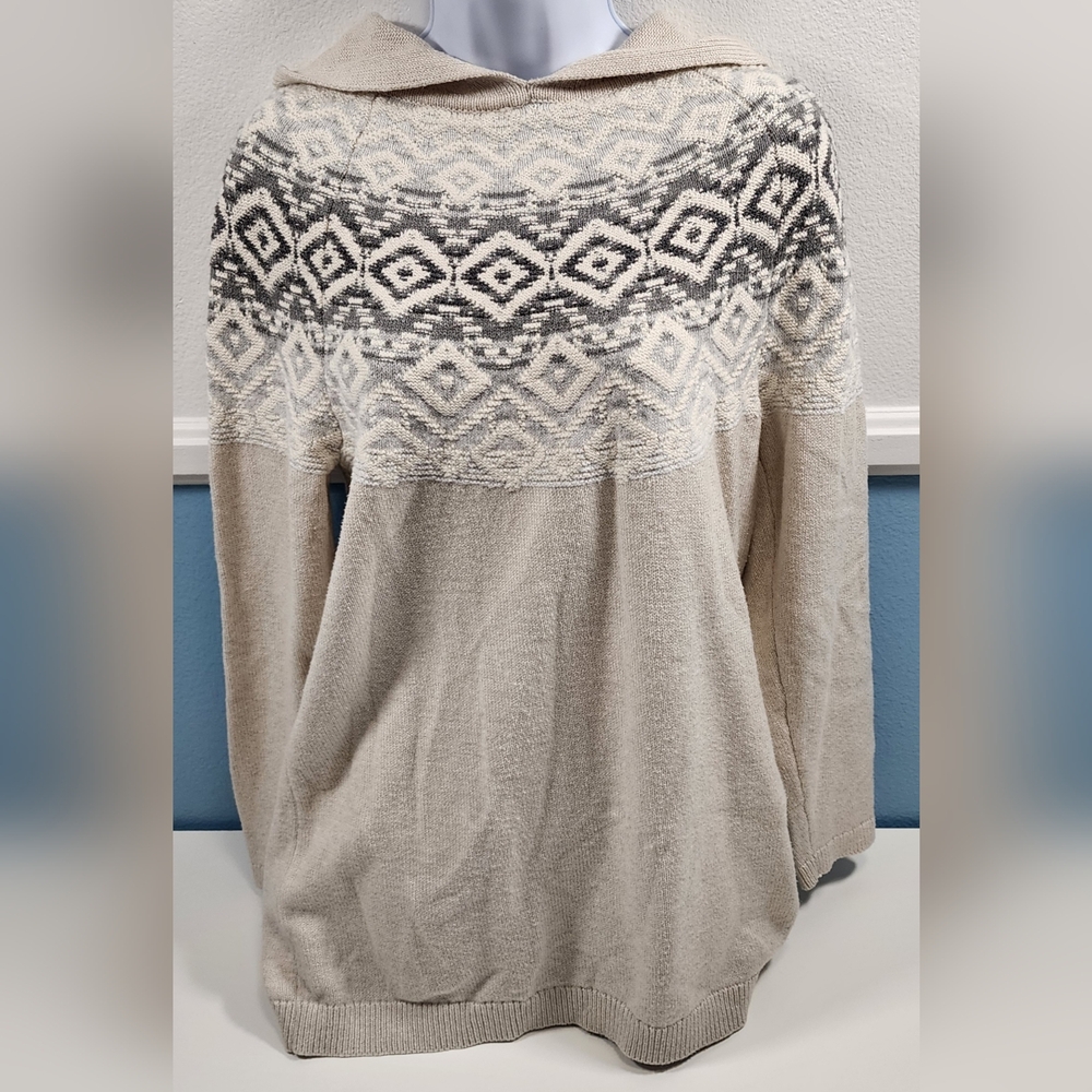 J Jill Sweater Women's Size M Fair Isle Knit 3/4 Sleeve Pullover Hooded Tunic